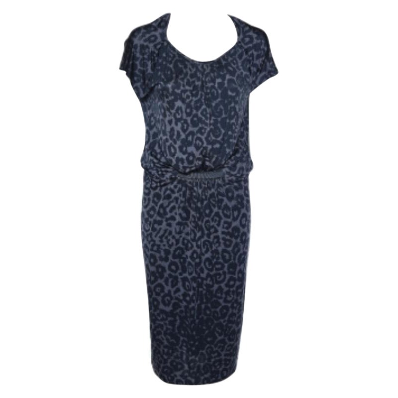 Giorgio Armani Blue Animal Printed Silk Jersey Cut-Out Back Detailed Dress L