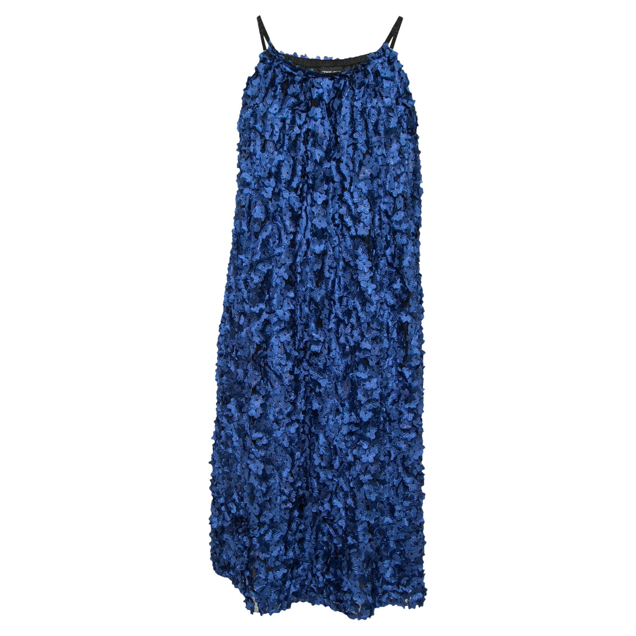 Giorgio Armani Blue Floral Applique Tulle Shift Dress S For Sale