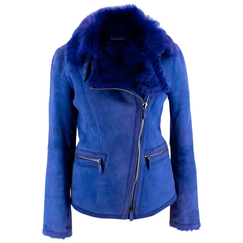 Giorgio Armani Blue Lambs Fur Lined Suede Biker Jacket - Size US 4 For Sale