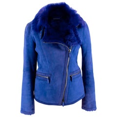 Giorgio Armani Blue Lambs Fur Lined Suede Biker Jacket - Size US 4