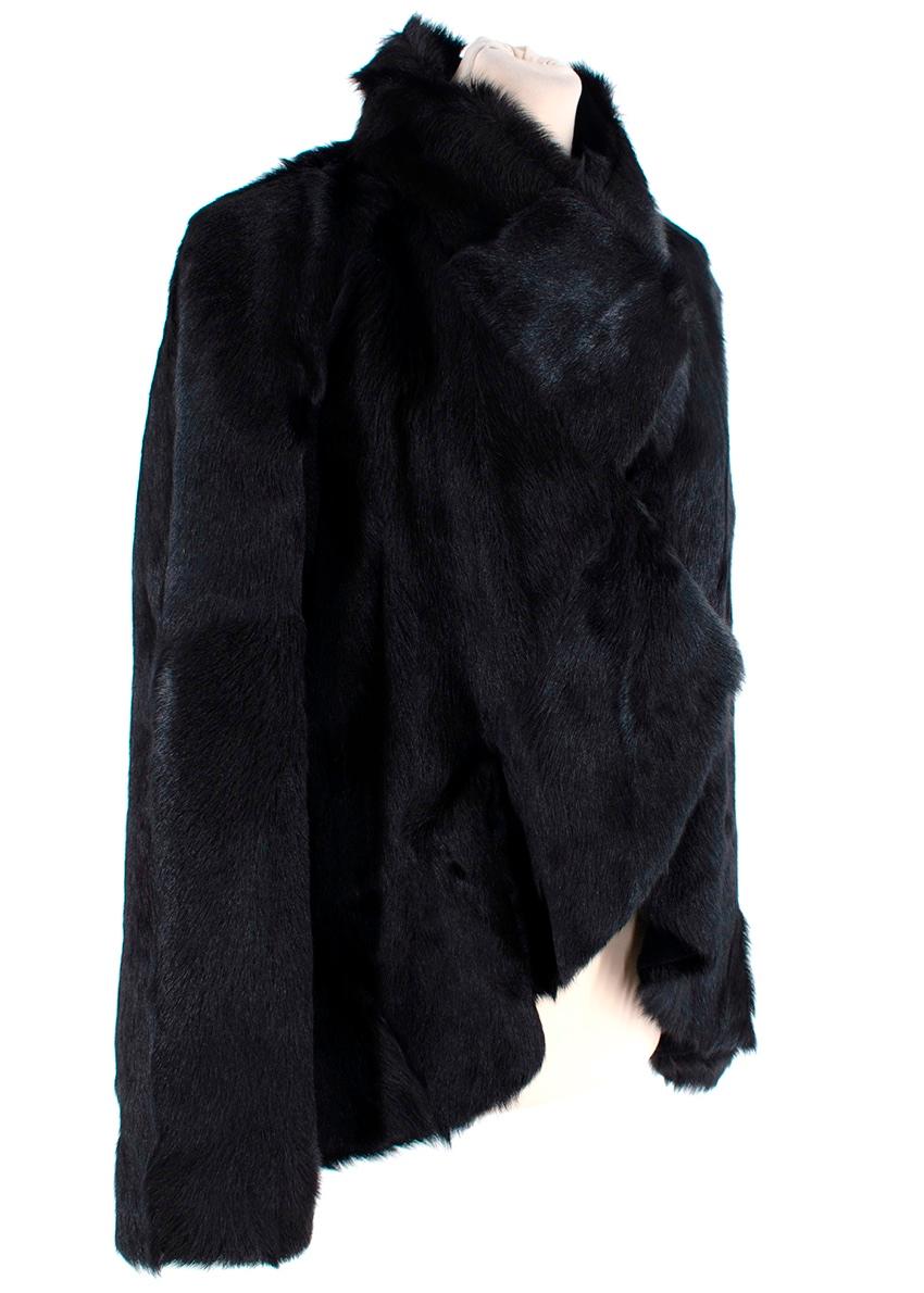 Giorgio Armani Brown-Black Shearling Fur Cropped Jacket
 

 - Shaved shearling in a warm deep, almost black tone with glossy finish
 - Stand collar, and slightly cropped, waterfall hemline 
 - Single hook & eye fastening at the bust
 - Long sleeve
