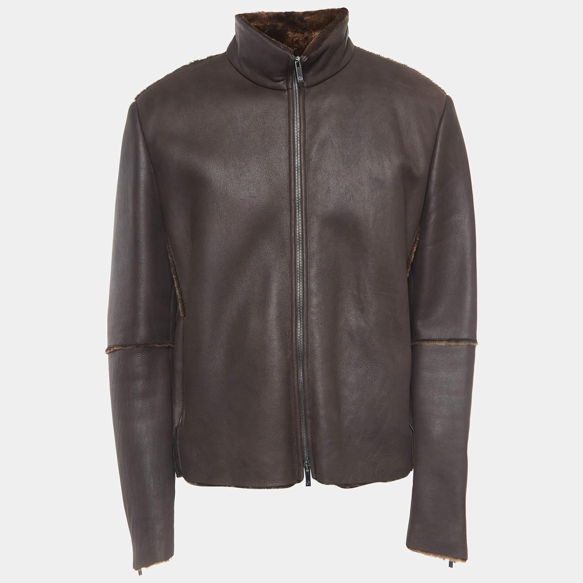 Giorgio Armani Brown Leather and Fur Zipper Jacket XXL In Good Condition For Sale In Dubai, Al Qouz 2