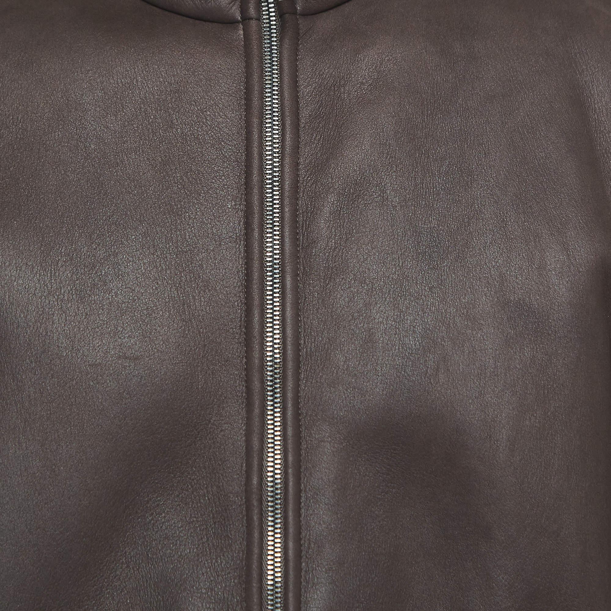 Giorgio Armani Brown Leather and Fur Zipper Jacket XXL For Sale 1
