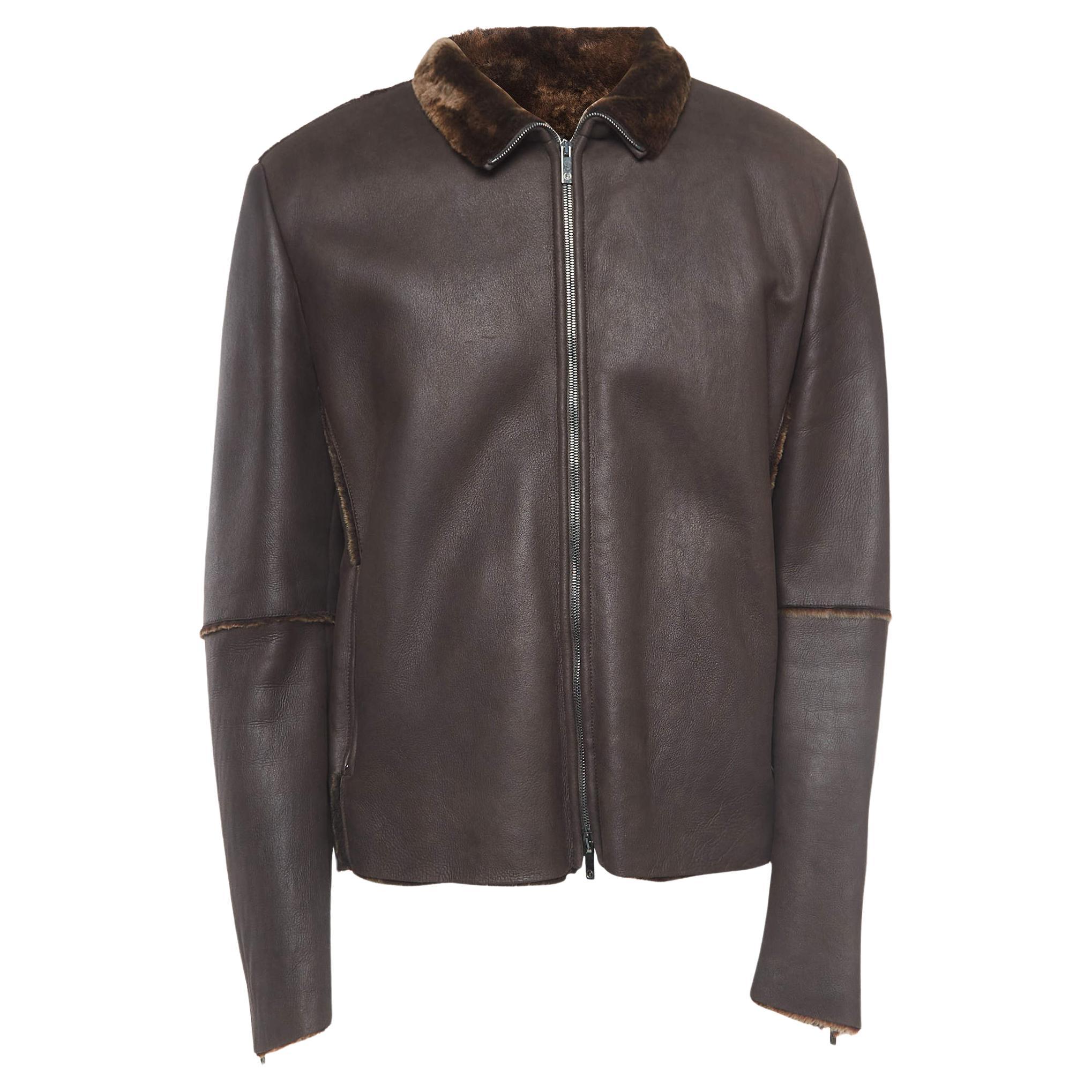 Giorgio Armani Brown Leather and Fur Zipper Jacket XXL For Sale