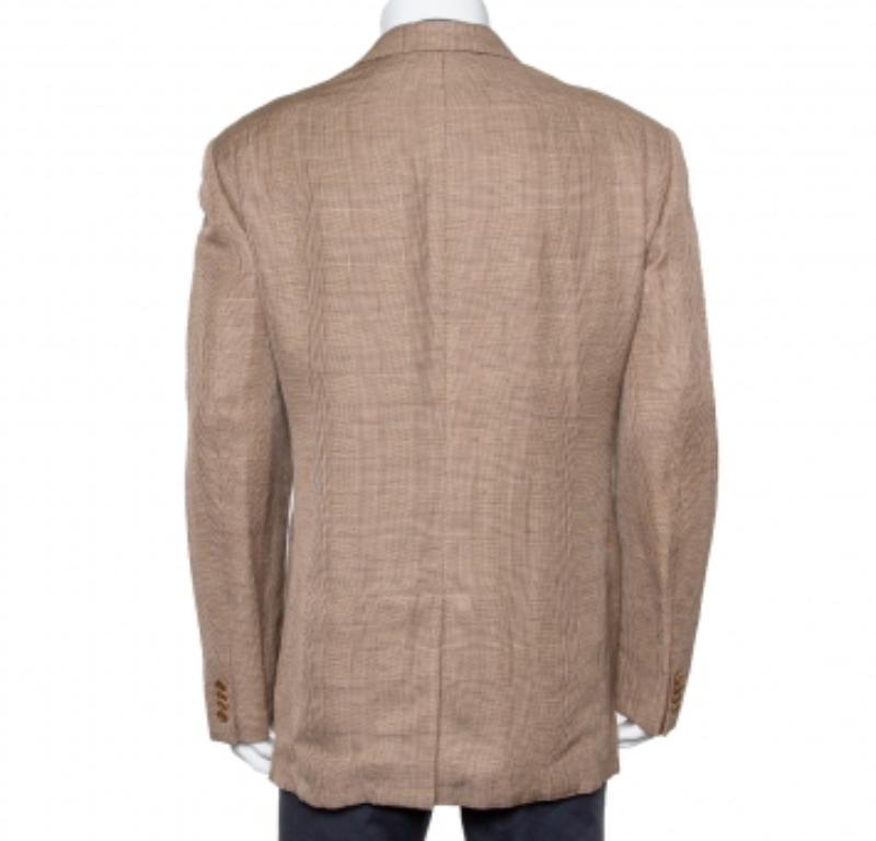 Giorgio Armani Brown Micro Check Patterned Linen Button Front Blazer 5XL In Good Condition For Sale In Dubai, Al Qouz 2