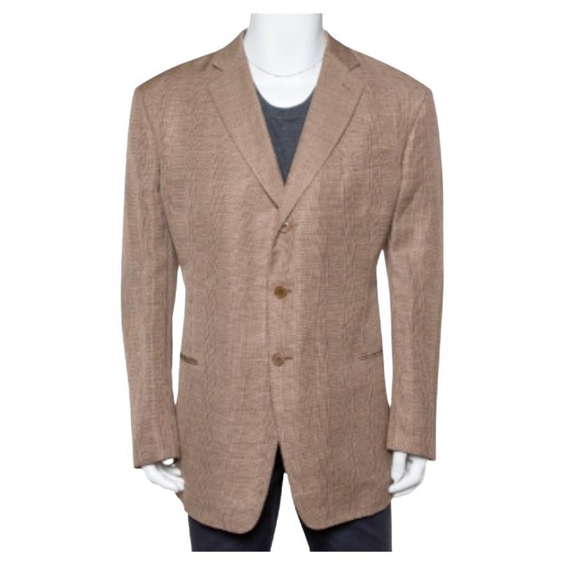 Giorgio Armani Brown Micro Check Patterned Linen Button Front Blazer 5XL For Sale
