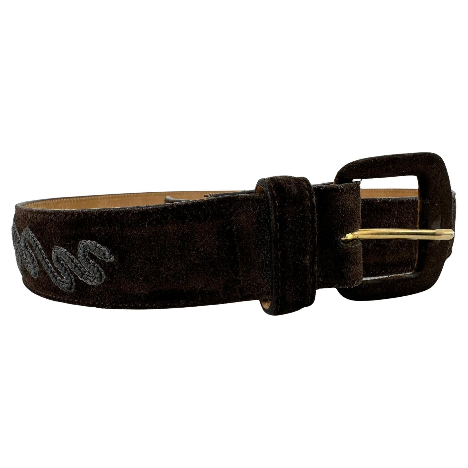 Giorgio Armani Brown Suede Belt with Decorative Blue Grey Stitching 70/28 im Angebot