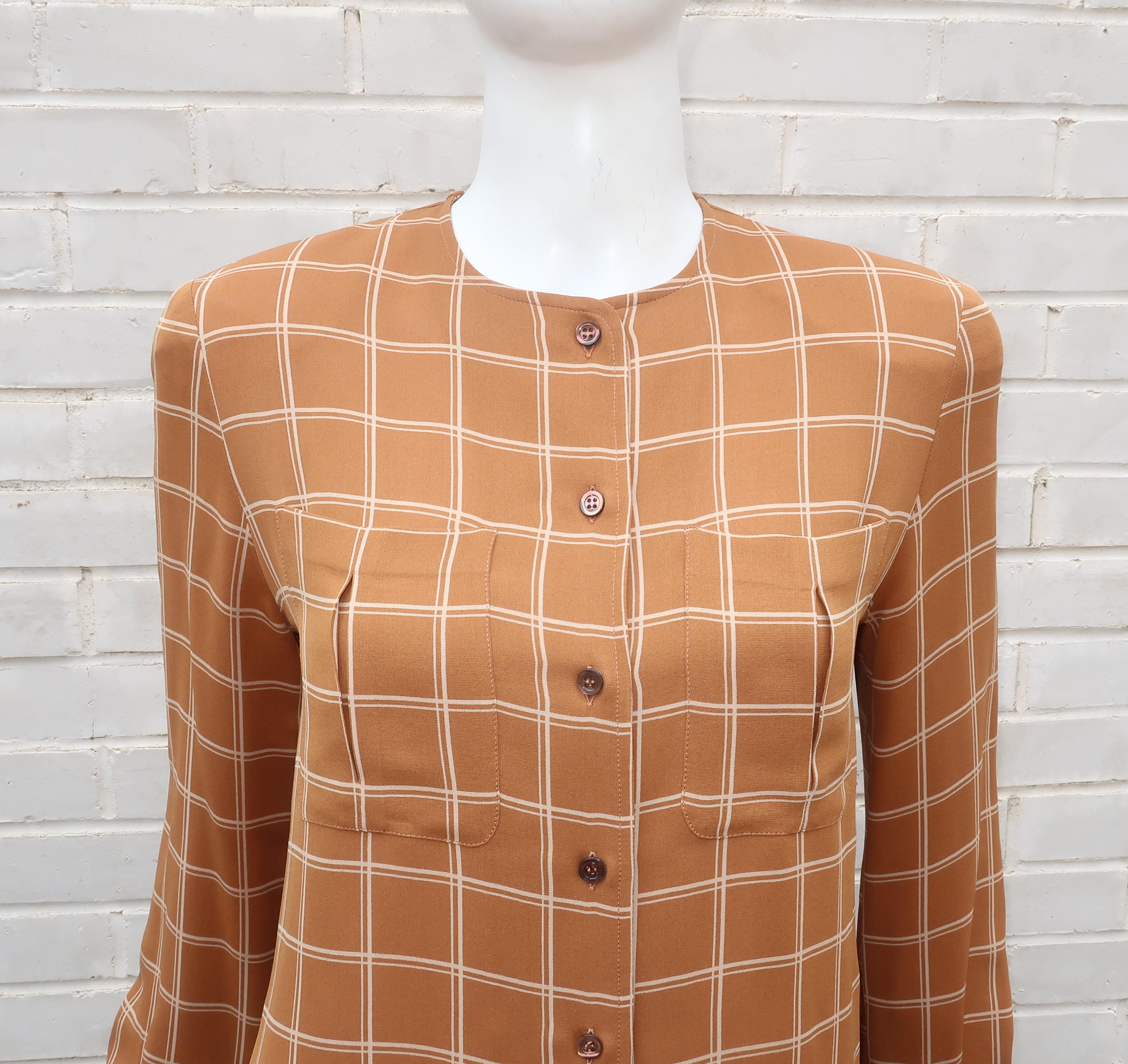 Giorgio Armani Le Collezioni 1990's silk crepe de chine blouse in a light cocoa brown & ivory white windowpane pattern with lovely details including pleated breast pockets and long side vents with finished hem.  The collarless silhouette buttons up
