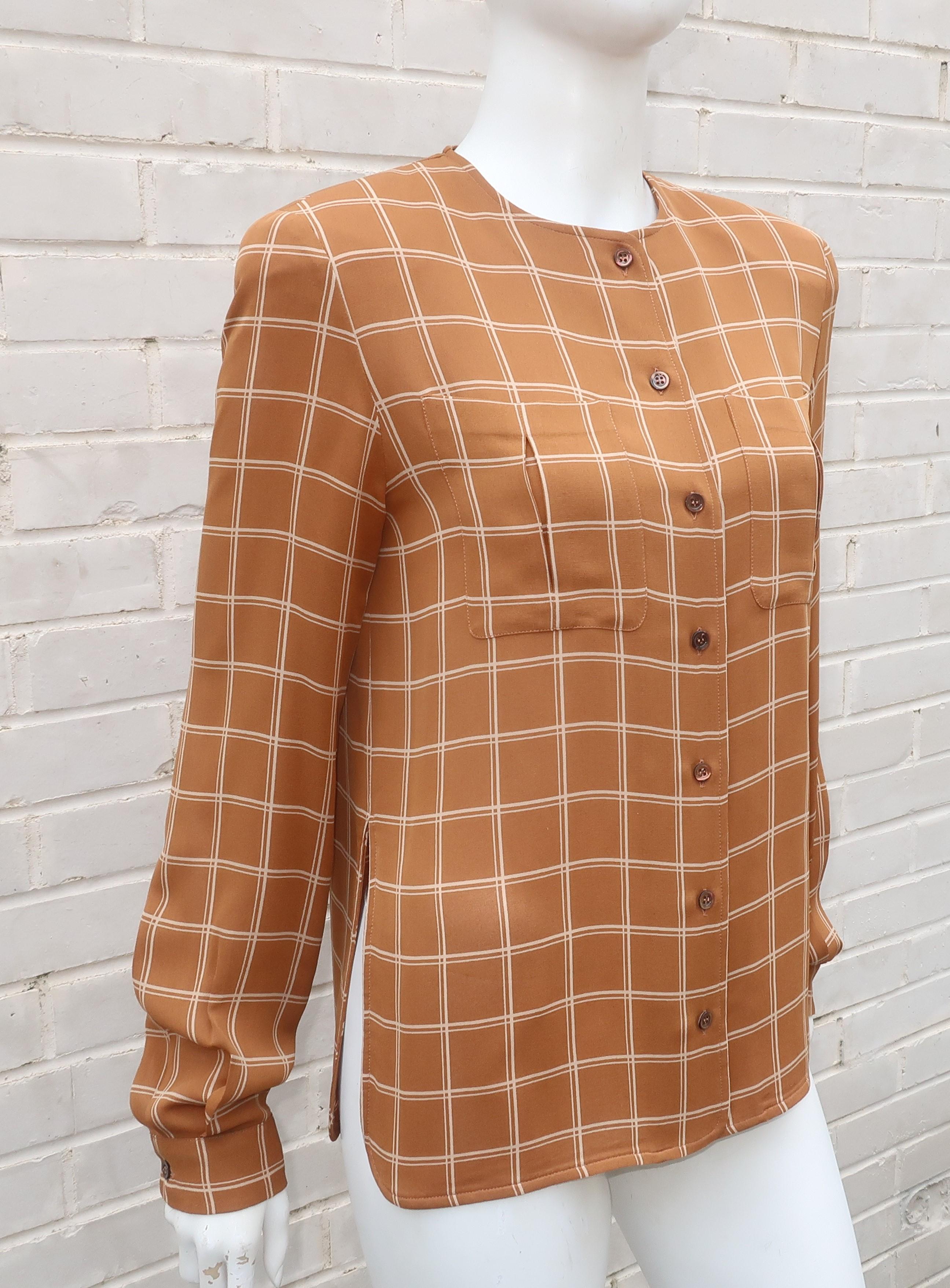 Giorgio Armani Brown Windowpane Silk Crepe Blouse In Good Condition In Atlanta, GA