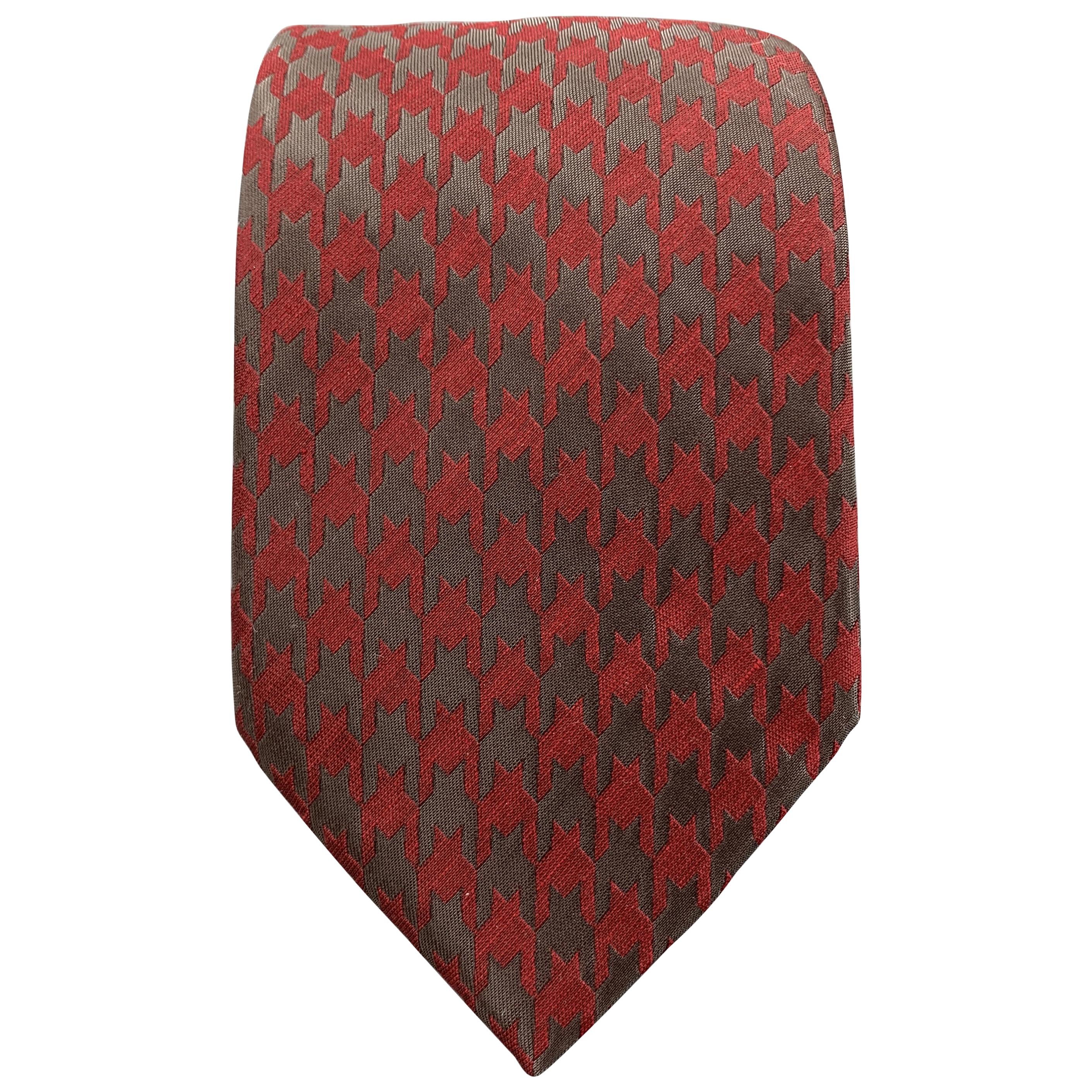 GIORGIO ARMANI Burgundy & Charcoal Matte & Metallic Houndstooth Silk Blend Tie