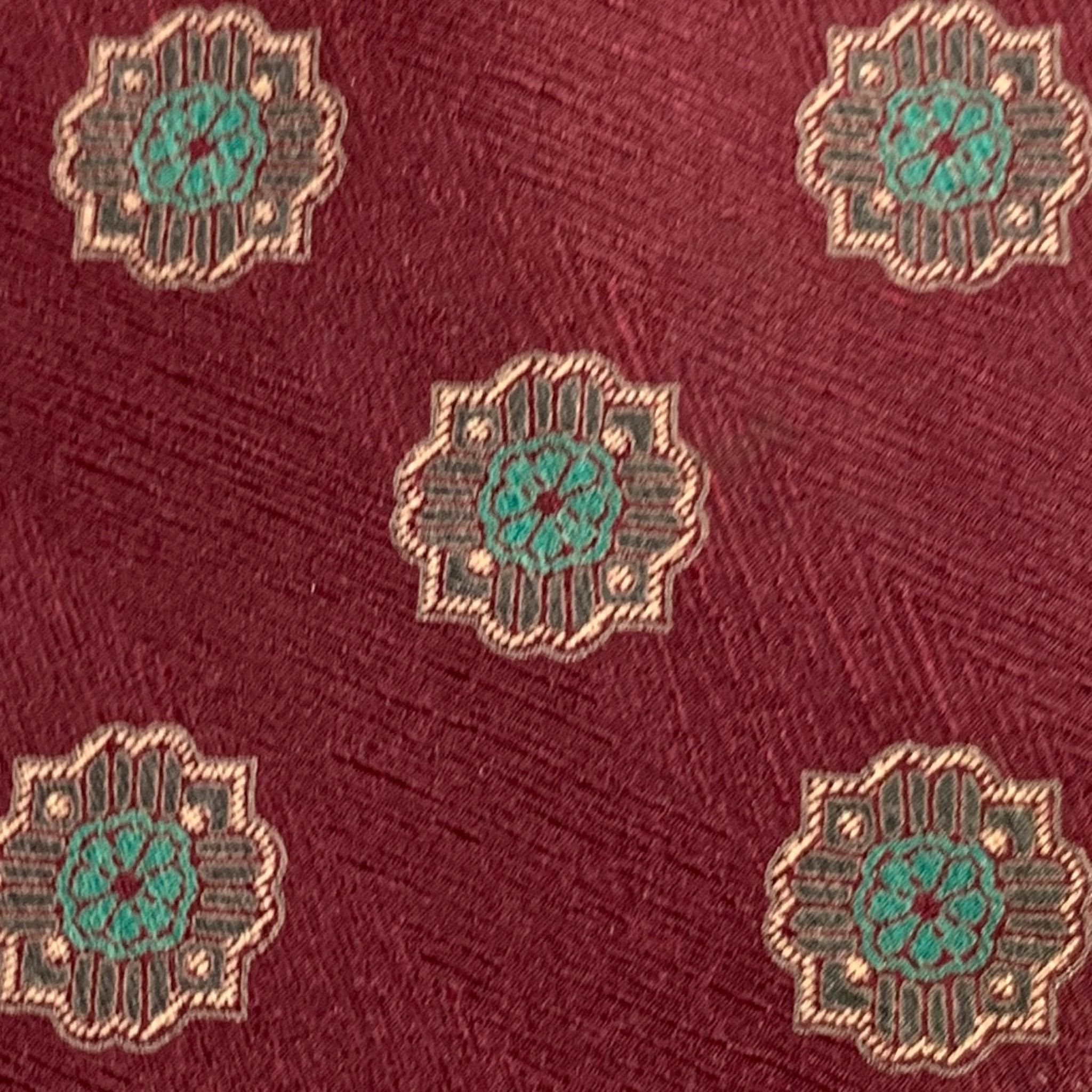 GIORGIO ARMANI Burgundy Green Abstract Floral Silk Tie In Good Condition For Sale In San Francisco, CA