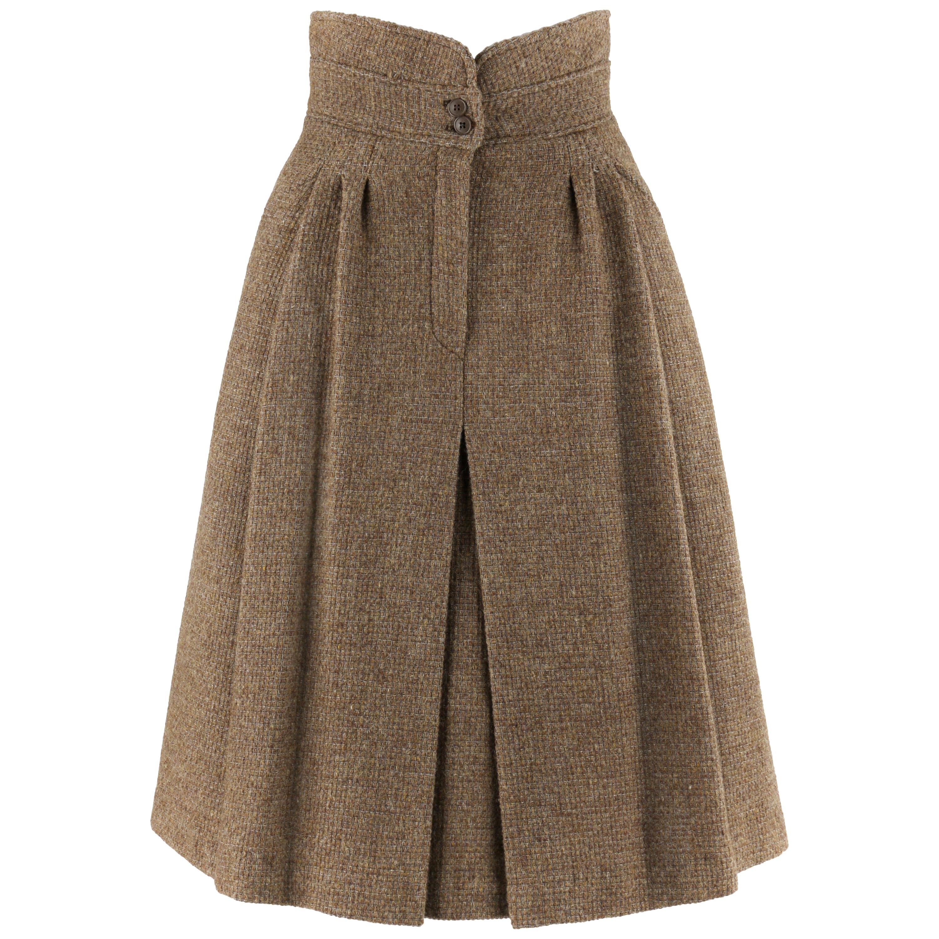 GIORGIO ARMANI c.1980’s Brown Tweed High Waisted Pleated Fit Flare A-Line Skirt 
