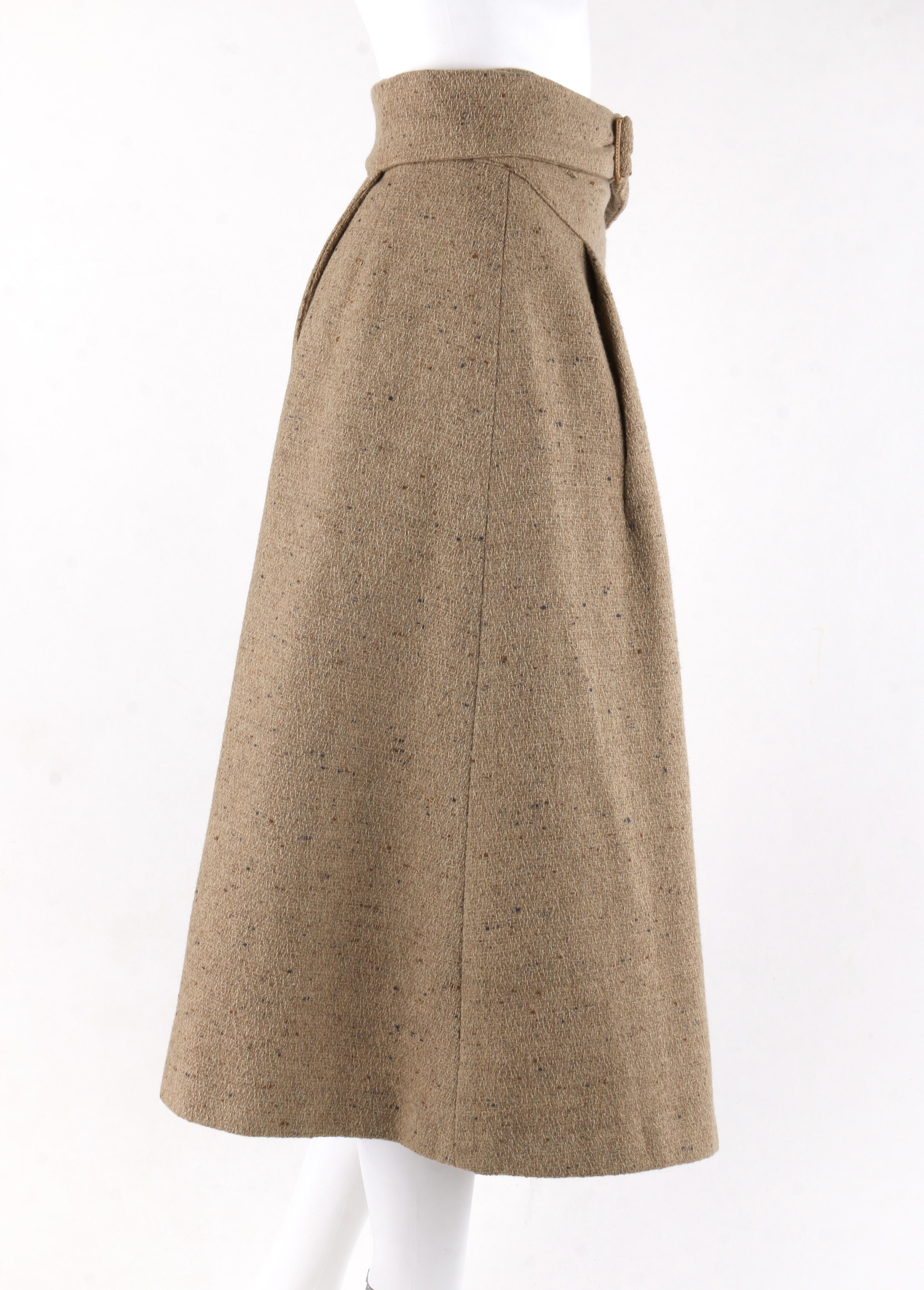 Marron GIORGIO ARMANI Jupe trapèze plissée en tweed marron avec boucle portefeuille en laine (années 1980) en vente