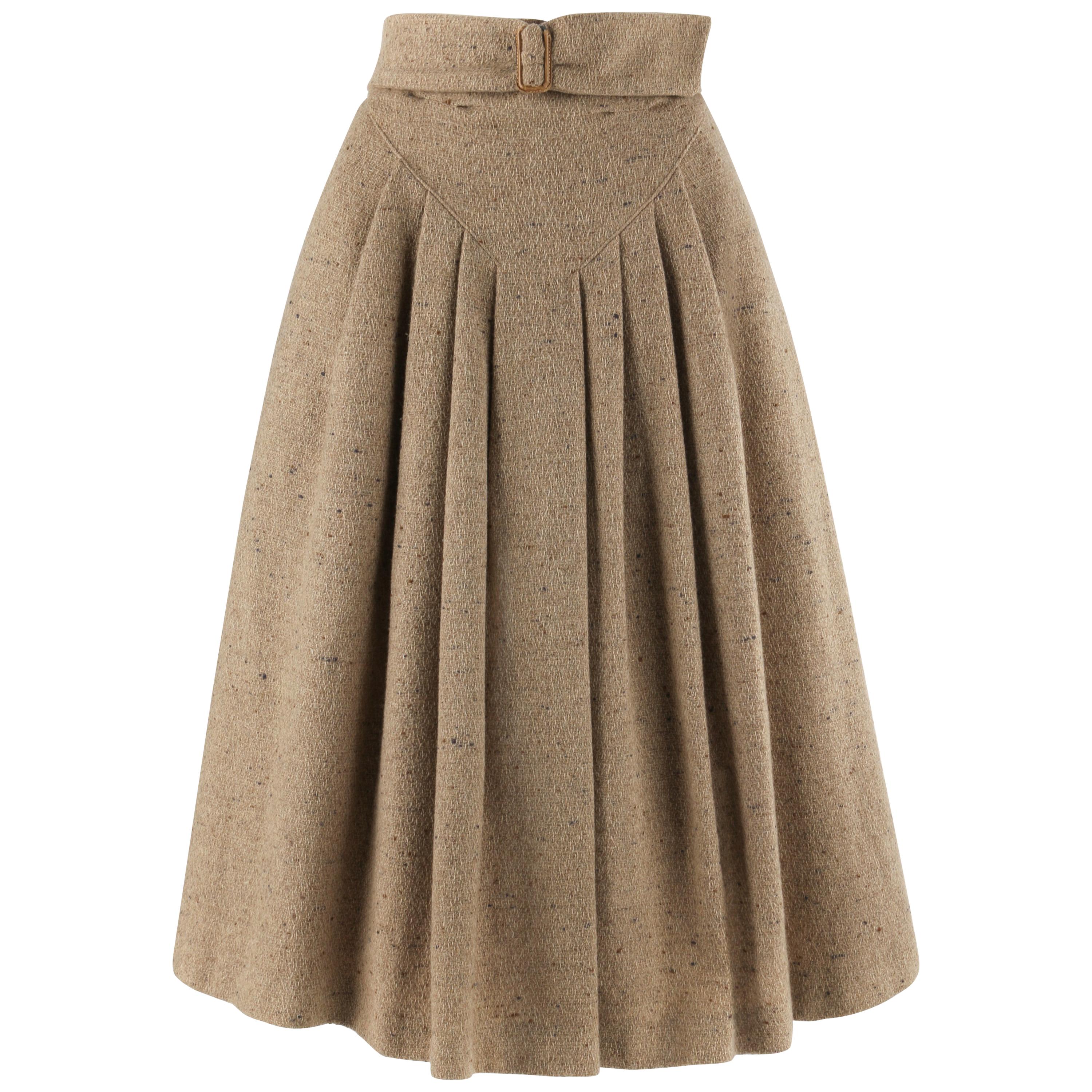 GIORGIO ARMANI c.1980’s Brown Tweed Wool Pleated Wrap Buckle A-Line Skirt For Sale
