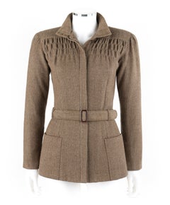 GIORGIO ARMANI c.1980’s Light Brown Tweed Belted Ruched High Neck Jacket