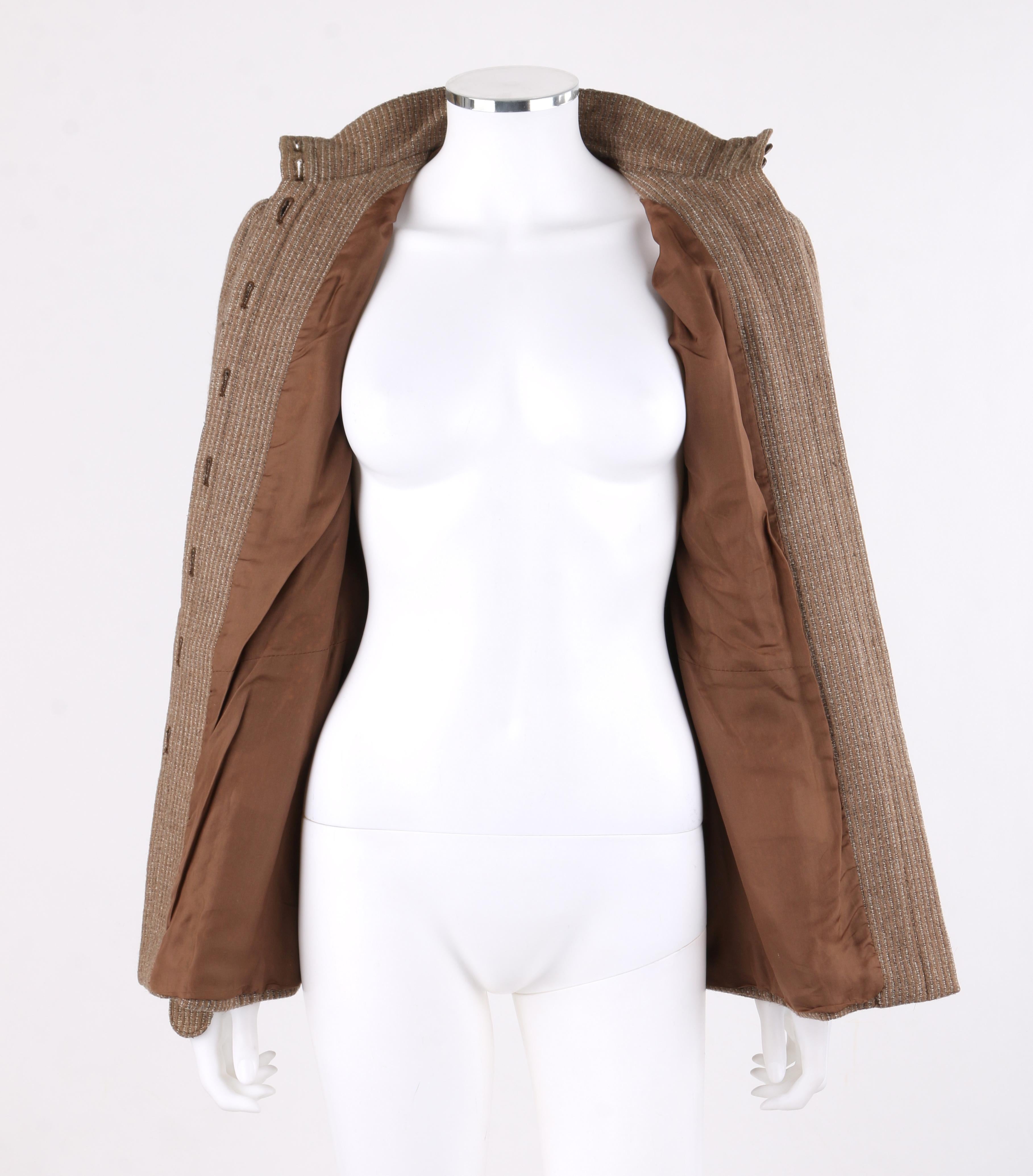 GIORGIO ARMANI c.1980’s Light Brown Tweed Belted Ruched High Neck Jacket  In Good Condition For Sale In Thiensville, WI