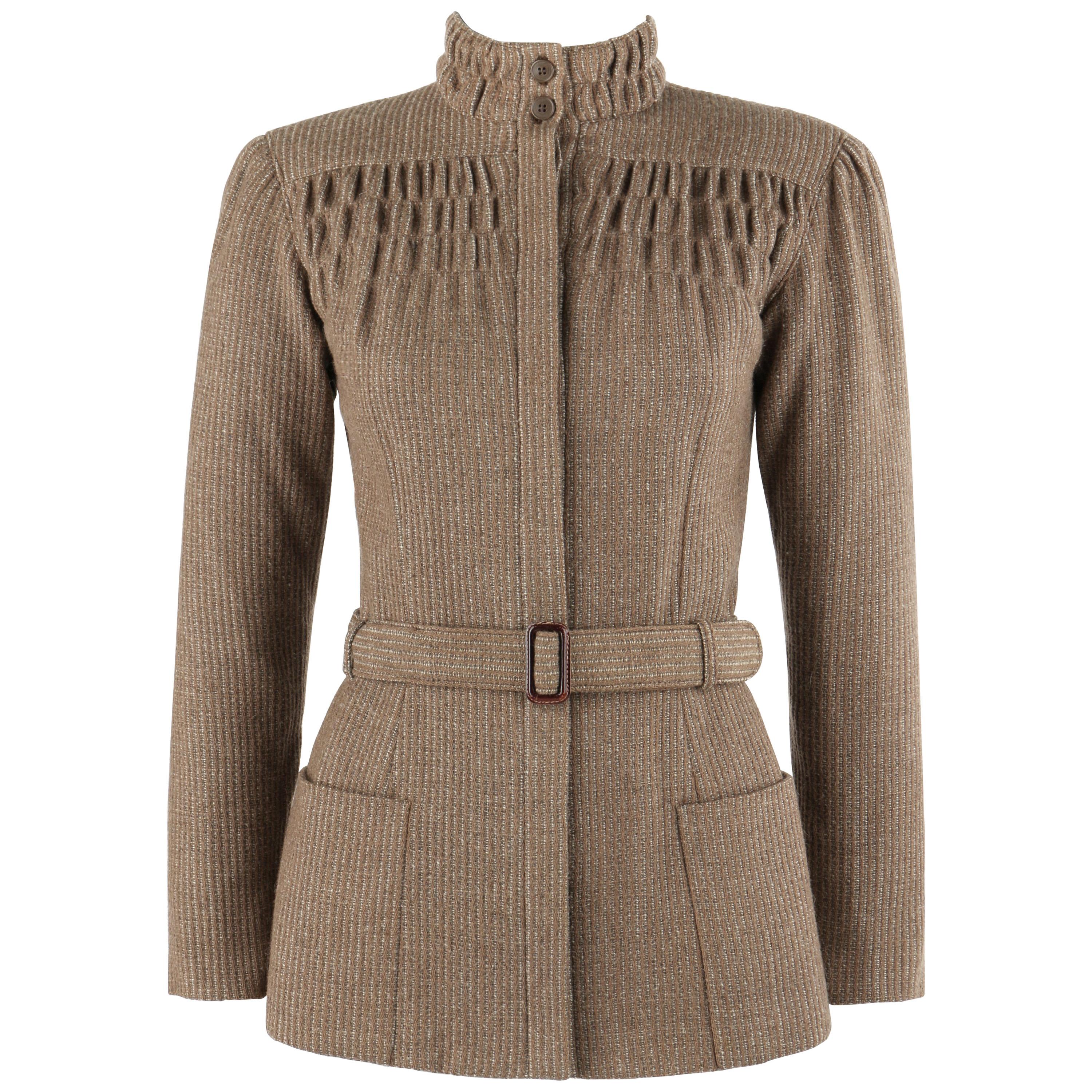 GIORGIO ARMANI c.1980’s Light Brown Tweed Belted Ruched High Neck Jacket  For Sale
