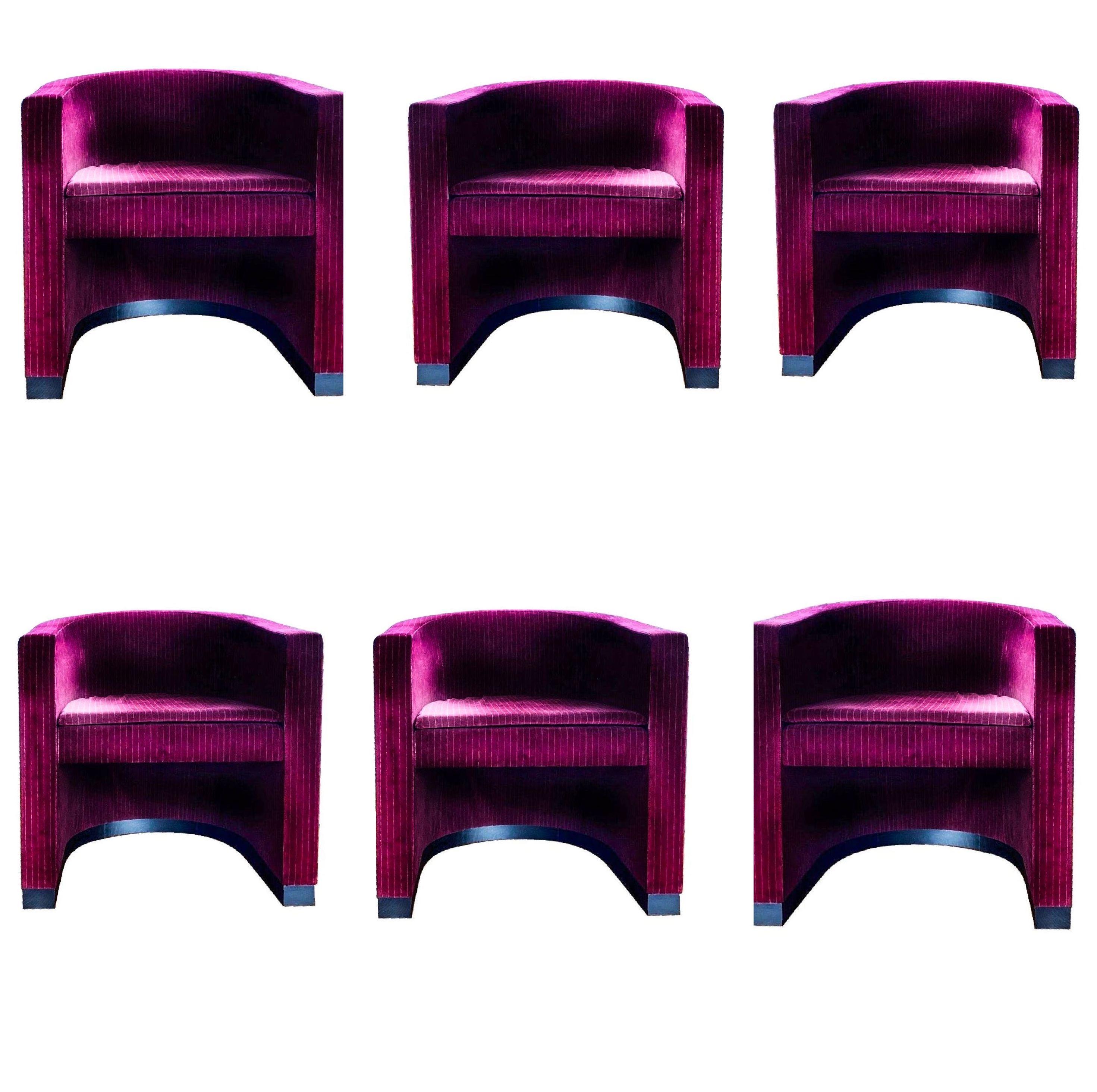 Giorgio Armani Casa Andromeda modern cranberry red velvet tub club chair, oak (brushed brown oak) base, labelled. Custom ordered. Luscious cotton cranberry velvet. MSRP 16,200 USD per chair. Six chairs are available. This listing is for a single