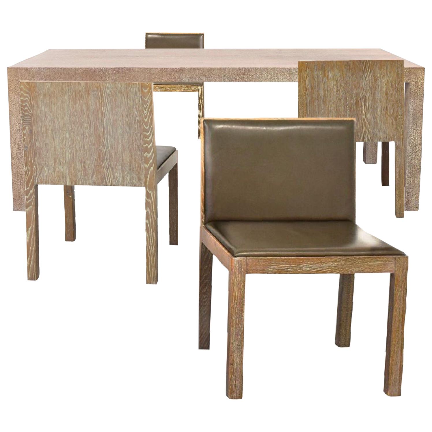 Giorgio Armani Casa Cerused Oak Dining Table and Chairs Set for Four, Leather