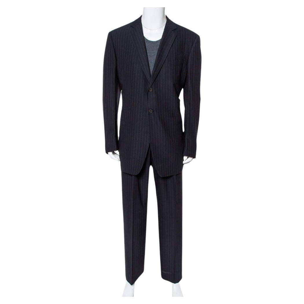 Giorgio Armani Classico Midnight Blue Pinstriped Wool & Silk Suit 5XL For Sale
