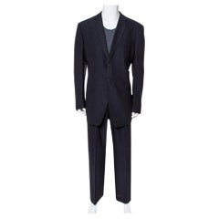 Used Giorgio Armani Classico Midnight Blue Pinstriped Wool & Silk Suit 5XL