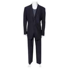 Used Giorgio Armani Classico Midnight Blue Pinstriped Wool & Silk Suit 5XL