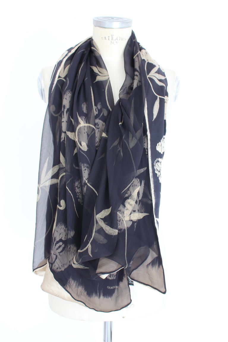 Giorgio Armani Collezioni Blue Beige Silk Floral Scarf For Sale at 1stDibs