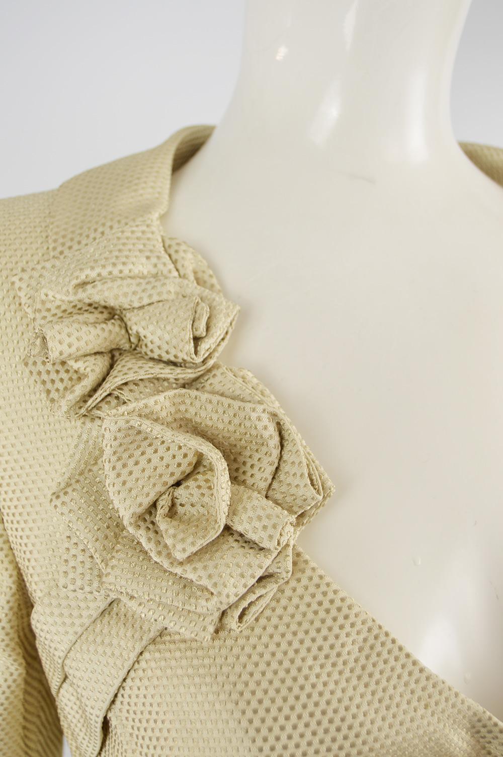 Beige Giorgio Armani Cream Brocade Jacquard Jacket with Origami Flower Lapel