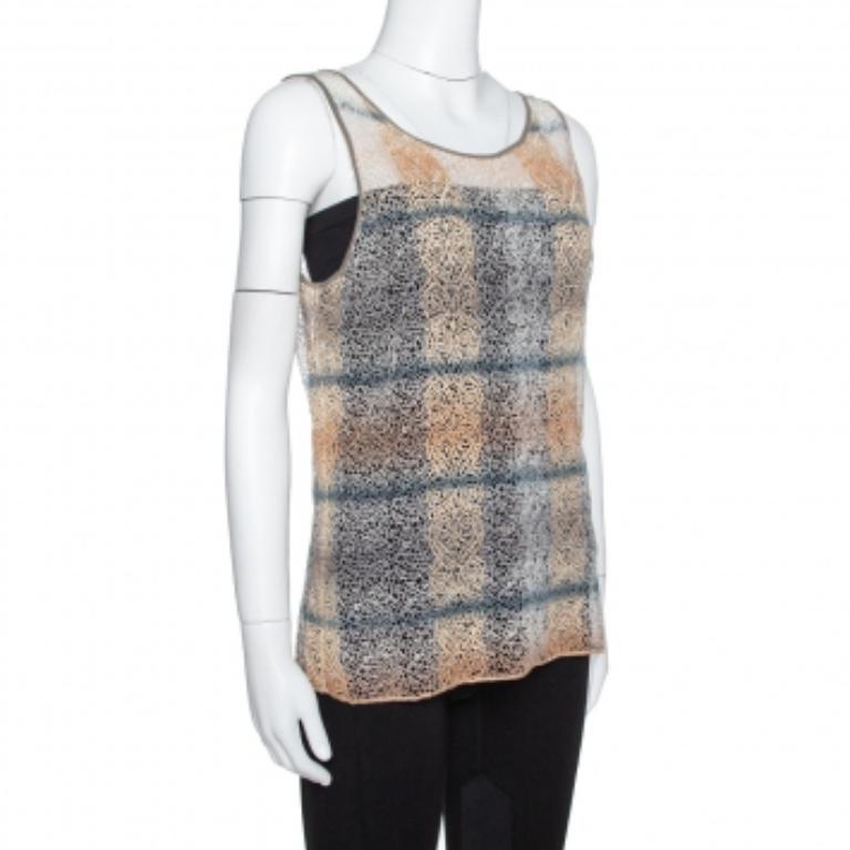 Gray Giorgio Armani Cream Embroidered Lace Sleeveless Top L For Sale