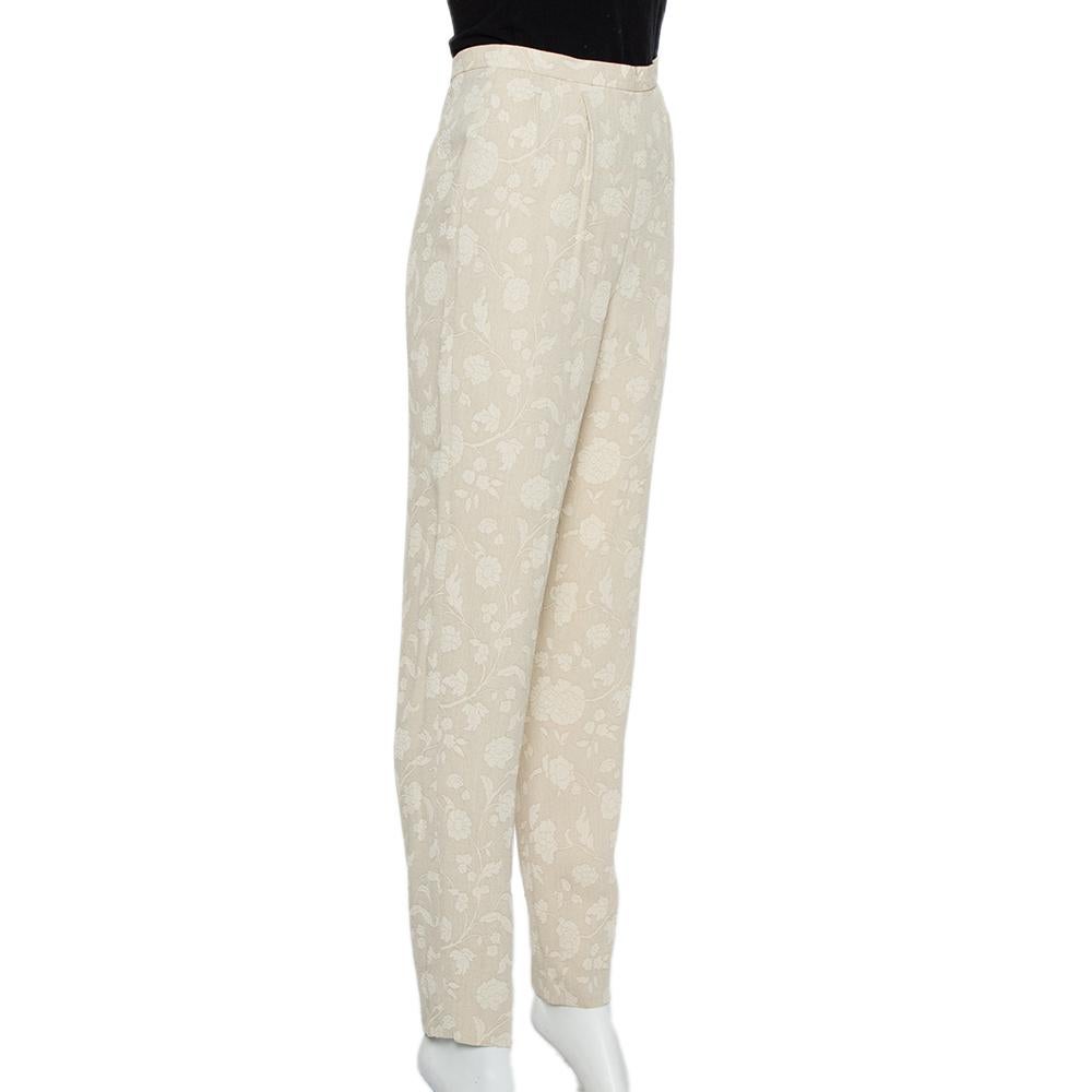 Beige Giorgio Armani Cream Floral Jacquard Tapered Vintage Trousers XS For Sale
