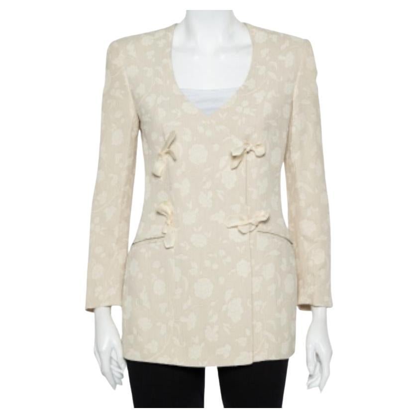 Giorgio Armani Cream Floral Jacquard Tie Detail Vintage Blazer XS For Sale