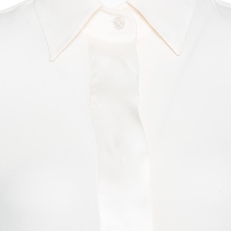 Giorgio Armani Cream Silk Crepe Satin Placket Detail Long Sleeve Blouse S 1