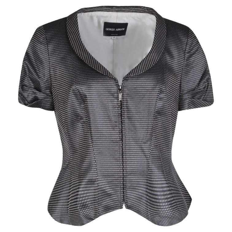 Giorgio Armani Dark Grey Dotted Jacquard Short Sleeve Zip Front Jacket L For Sale