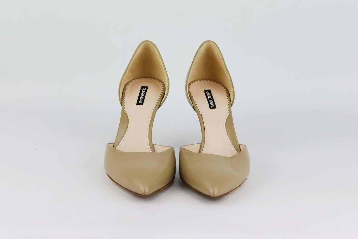 These d’orsay pumps by Giorgio Armani are a classic style that will never date, made in Italy from beige leather, they have sharp pointed toes and comfortable 50mm heels to take you from morning meetings to dinner with friends. Heel measures