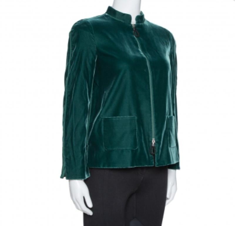Giorgio Armani Emerald Green Velvet Zip Front Jacket S im Angebot 1