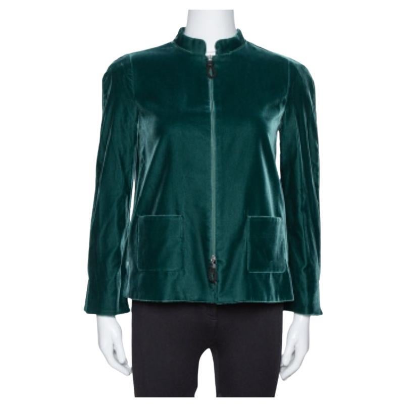 Giorgio Armani Emerald Green Velvet Zip Front Jacket S im Angebot