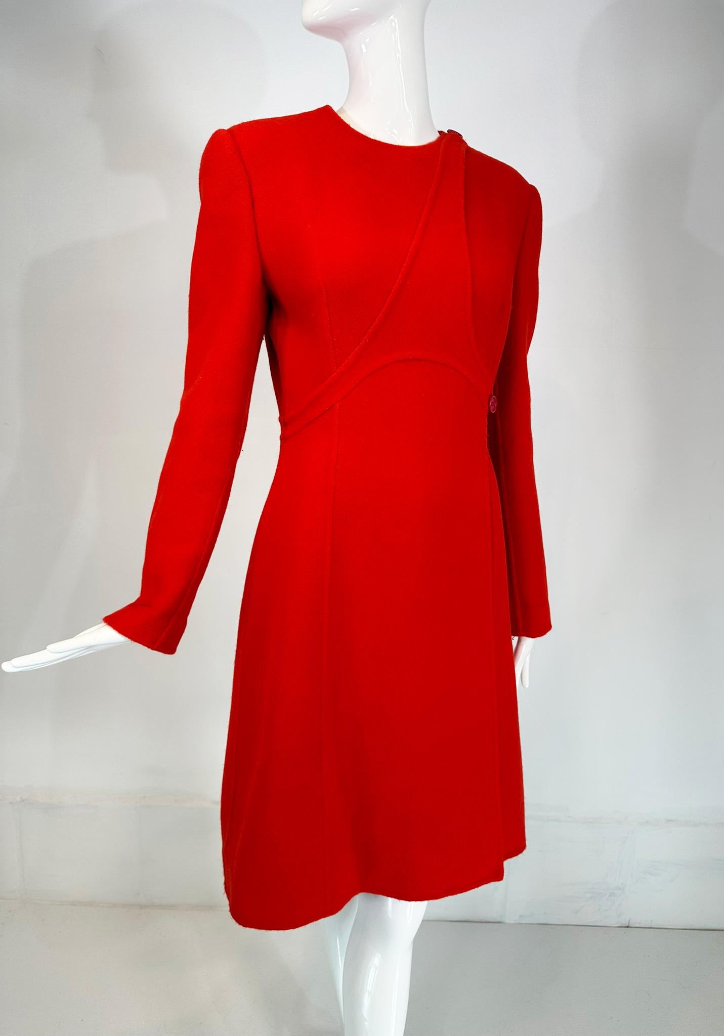 Giorgio Armani fire engine red/ hot pink double face wool/cashmere dress coat Marked size 40. Fire engine red on the outside, the inside is hot pink, the coat has an upper back & sleeve lining done in hot pink rayon satin, the body of the coat is