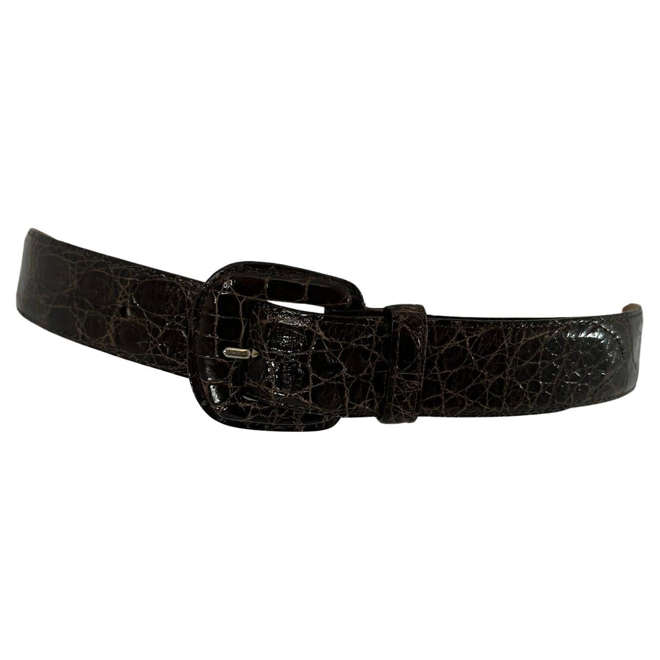 Giorgio Armani Cintura in coccodrillo marrone cioccolato smaltato 65/26 in vendita