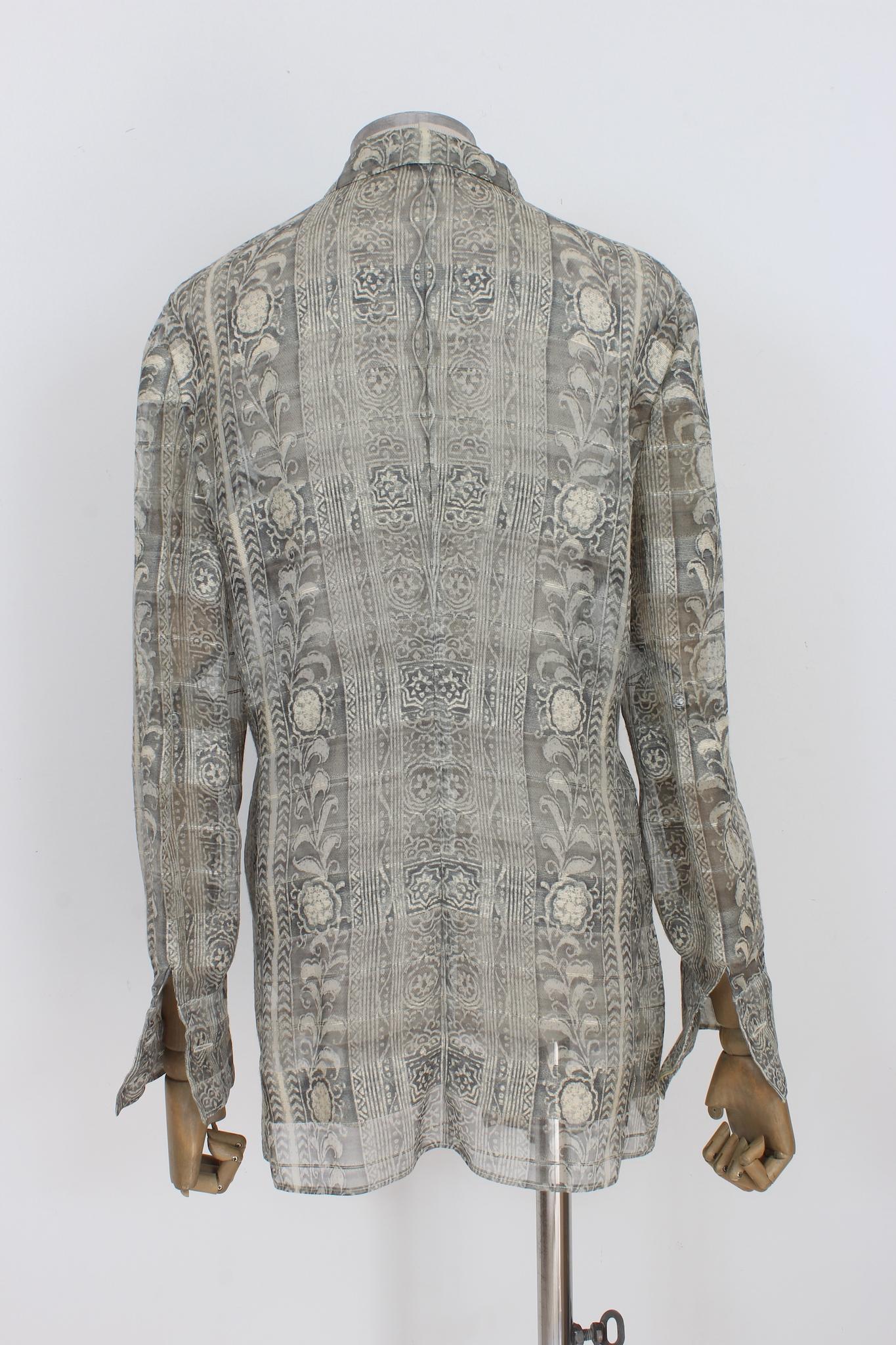 Giorgio Armani Gray Silk Transparent Asymmetrical Floral Vintage Shirt 90s In Excellent Condition In Brindisi, Bt