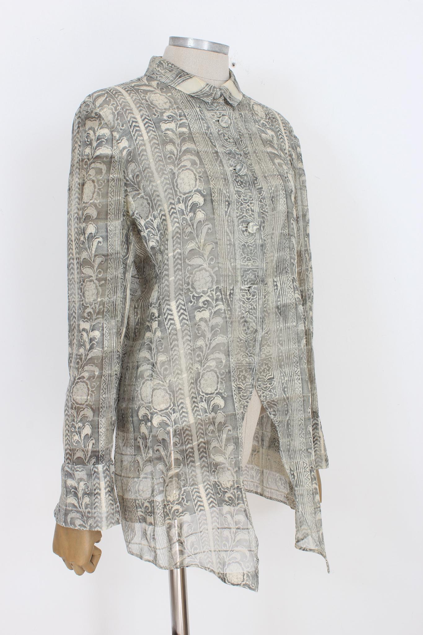 Giorgio Armani Gray Silk Transparent Asymmetrical Floral Vintage Shirt 90s 1
