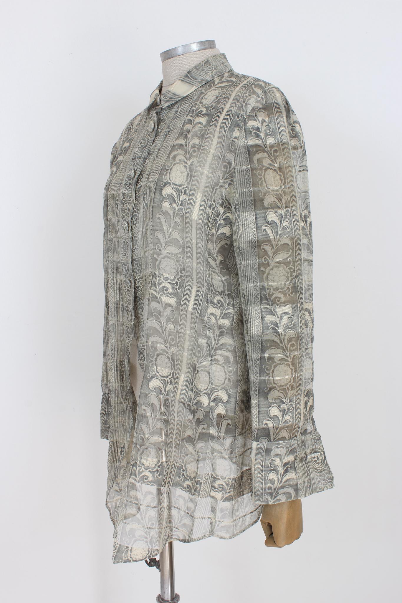 Giorgio Armani Gray Silk Transparent Asymmetrical Floral Vintage Shirt 90s 2