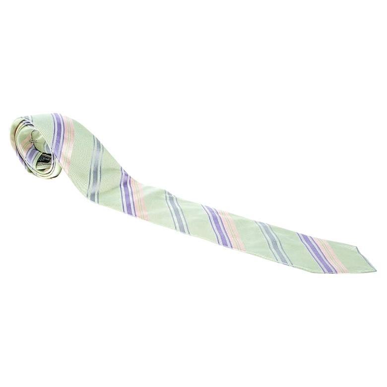 Giorgio Armani Green Contrast Diagonal Striped Traditional Silk Tie For Sale