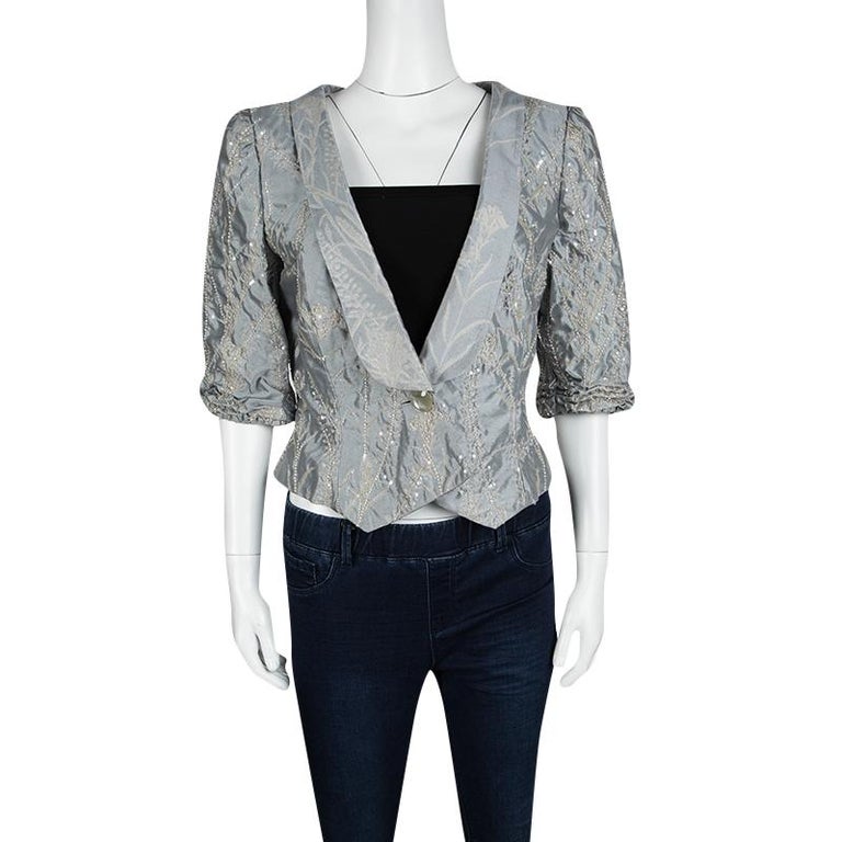 Giorgio Armani Grey Floral Jacquard Silk Embellished Cropped Jacket L ...
