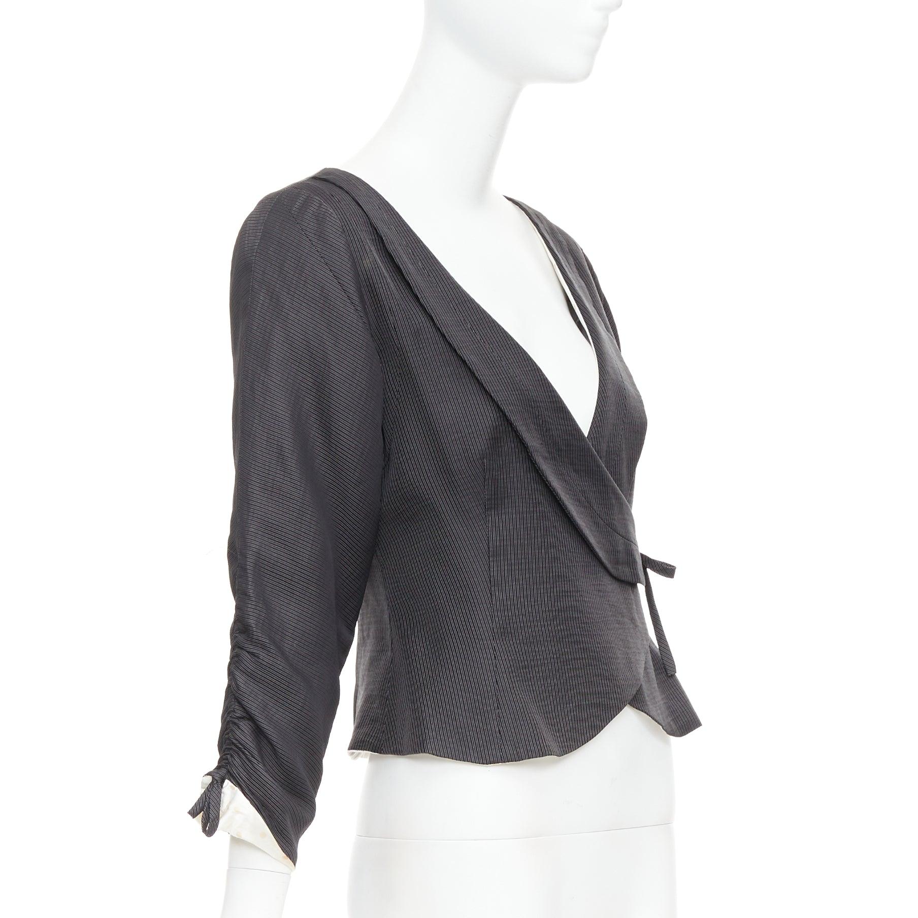 Black GIORGIO ARMANI grey ramie blend ruched kimono wrap crop blazer IT38 XS For Sale