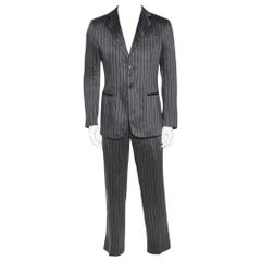 Used Giorgio Armani Grey Striped Linen Silk Tailored Suit M