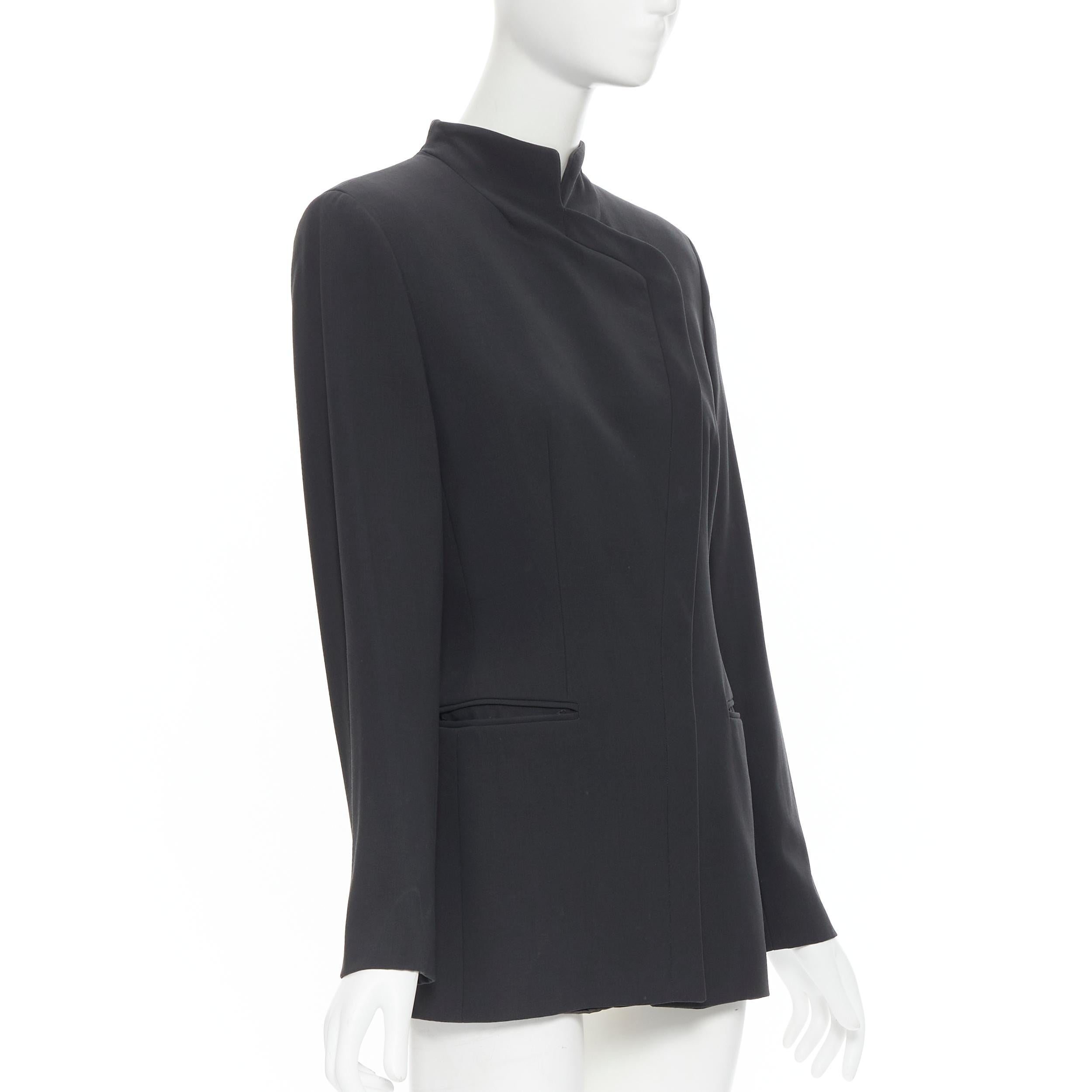 Black GIORGIO ARMANI grey wool asymmetric stand collar minimal blazer pant set IT42 M