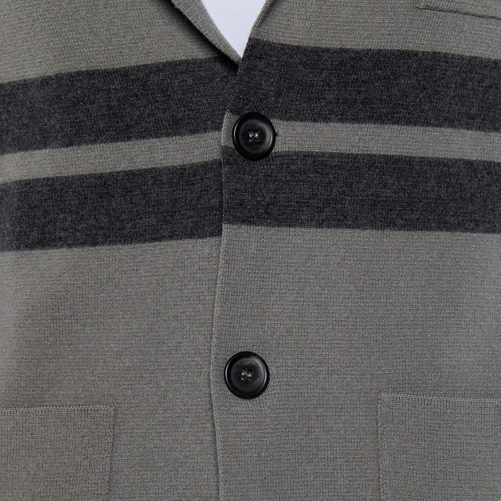 Giorgio Armani Grey Wool Stripe Detailed Button Front Cardigan XL In Good Condition For Sale In Dubai, Al Qouz 2