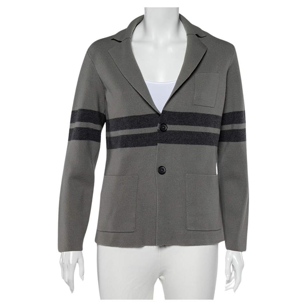 Giorgio Armani Grey Wool Stripe Detailed Button Front Cardigan XL For Sale