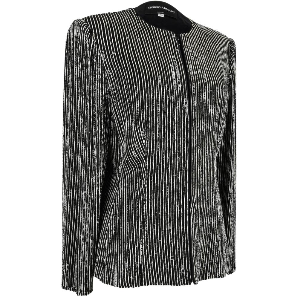 Women's Giorgio Armani Jacket Bead Encrusted Pinstripe Black and White 48 10 to 12