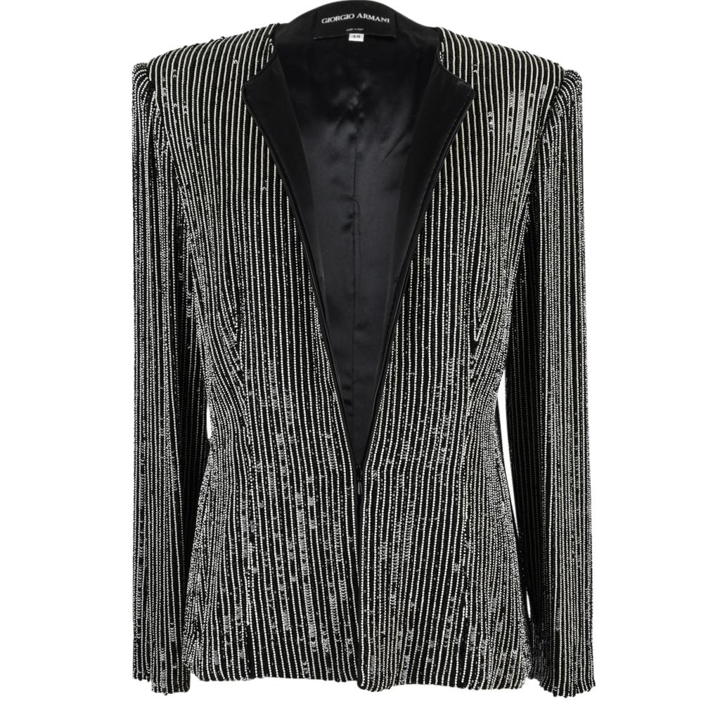 Giorgio Armani Jacket Bead Encrusted Pinstripe Black and White 48 10 to 12 1